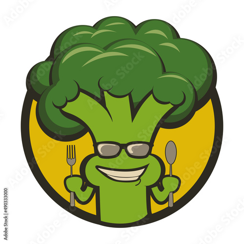 Broccoli cartoon mascot illustration vector holding spoon and fork