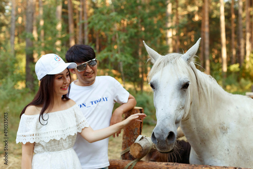 a guy and a girl on a date in a pine forest on the background of horses