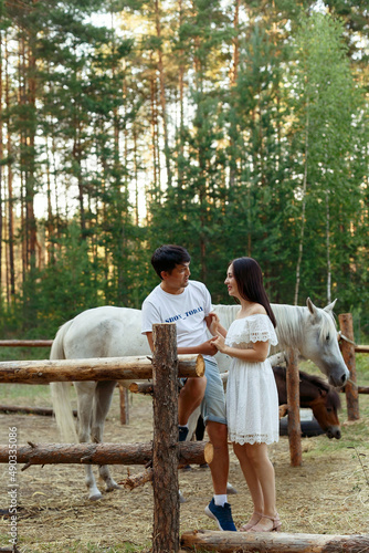 a guy and a girl on a date in a pine forest on the background of horses