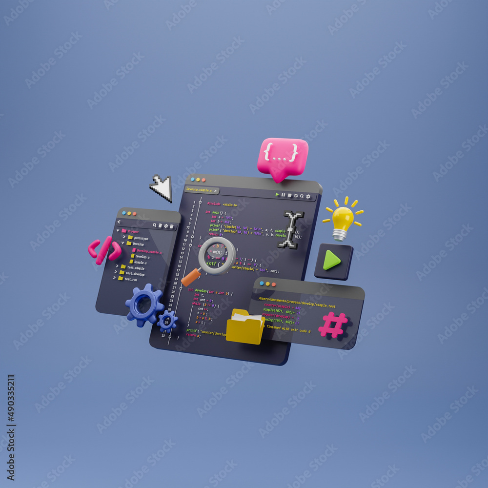 Fototapeta premium Programmer developer typing script source languages coding symbols icon development project data programming software engineering IT technologies computer. 3d rendering.