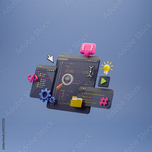 Programmer developer typing script source languages coding symbols  icon development project data programming software engineering IT technologies computer. 3d rendering. photo