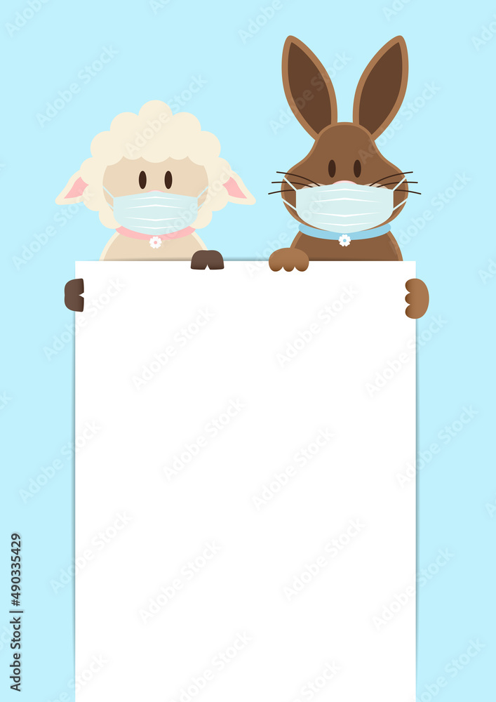 Obraz premium Schaf & Osterhase Maske Halten Großes Schild Himmel