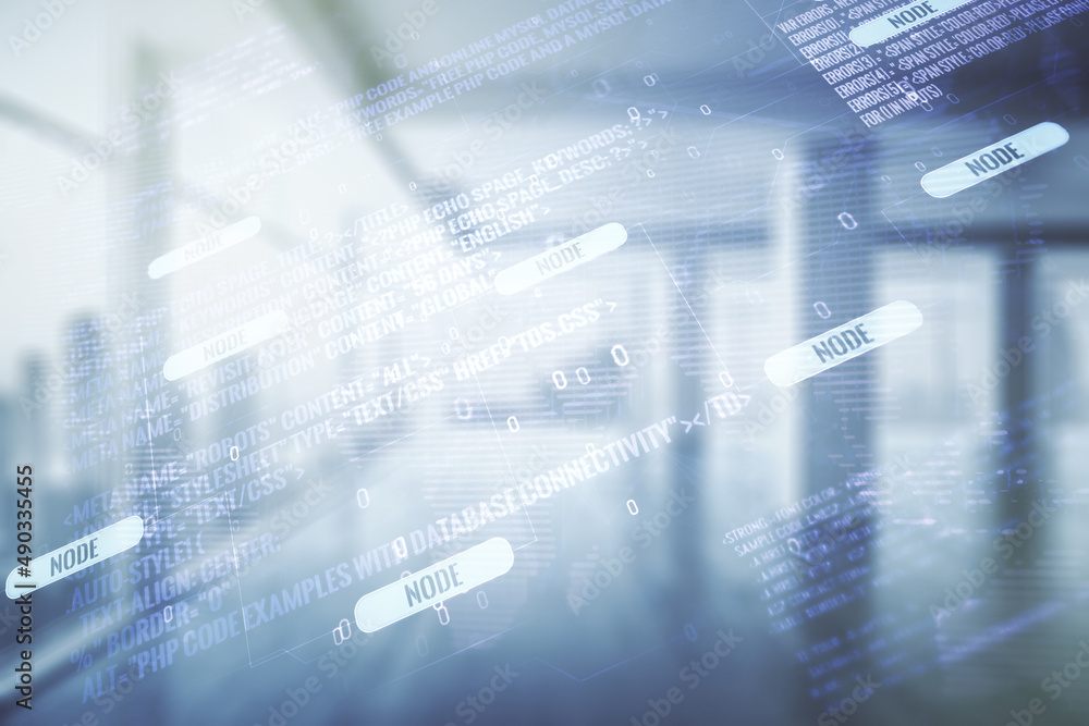 Abstract virtual coding concept and world map hologram on empty corporate office background. Multiexposure Abstract virtual coding concept and world map hologram on empty corporate office background. Multiexposure