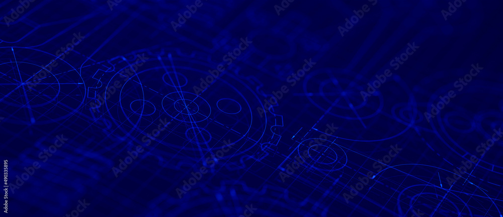 Blueprints engineer technician design drawing mechanical gear engineering Engine factory Industry Industrial technology project abstract presentation cover banner background. 3d rendering. Blueprints engineer technician design drawing mechanical gear engineering Engine factory Industry Industrial technology project abstract presentation cover banner background. 3d rendering.