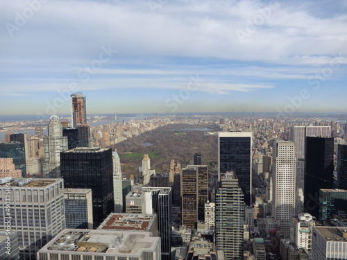 new york city top of view in front of central park with a blue sky