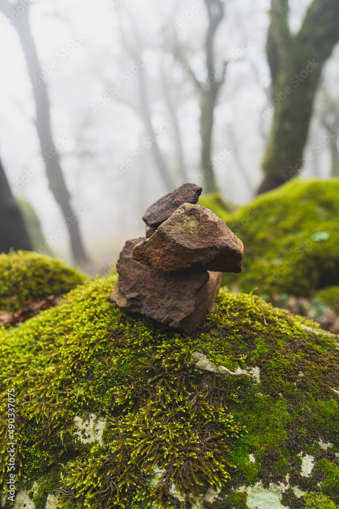 Apilamiento de piedras de un bosque con niebla Apilamiento de piedras de un bosque con niebla