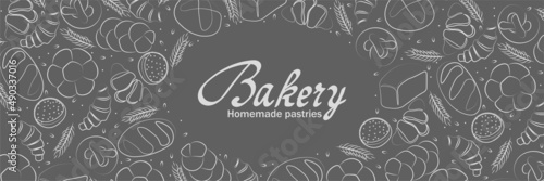Trendy Vector horizontal background for bakery or cafe.Illustrations of buns,bread,baguette,and other pastries for packaging,labels,or signage.Line Art of food for banner, flyer or menu.Lettering