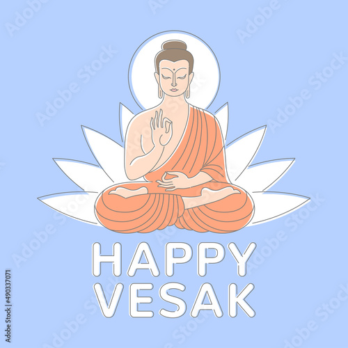 Happy Vesak, Buddha Purnima, Birthday day vector flat illustration. Sitting Buddha figure and lotus shape linear simple colorful drawing. Greeting card, poster template. Esoteric design element. 