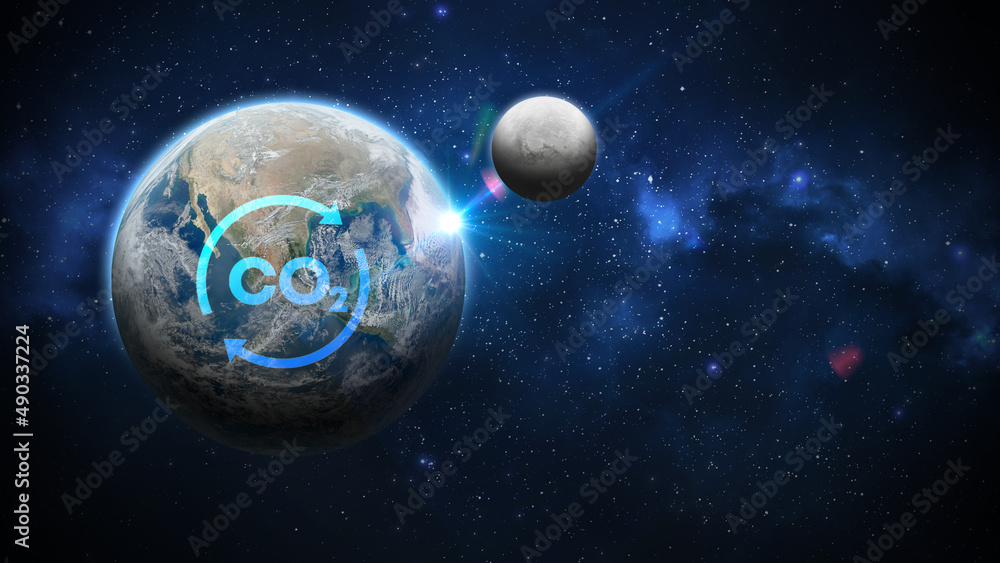 Planeta terra visto do espaço com a lua cheia, seu satélite natural com símbolo de emissão de gás carbônico co2, construído no photoshop em composição de camadas digital