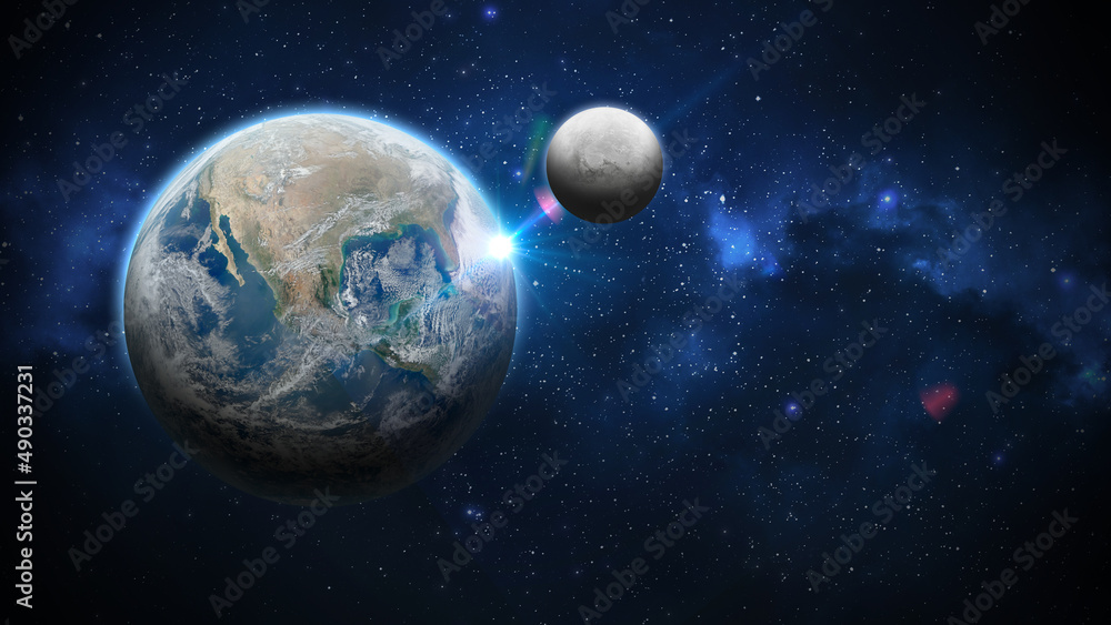 Planeta terra visto do espaço com a lua cheia, seu satélite natural construído no photoshop em composição de camadas digital