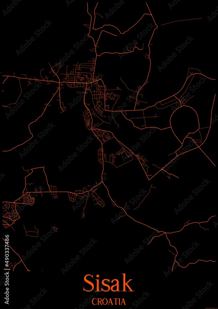 Black and orange halloween map of Sisak Croatia.This map contains geographic lines for main and secondary roads.