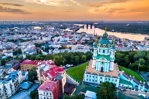 Saint Andrew church and Podil neighborhood in the old town of Kiev, Ukraine, before the war with Russia
