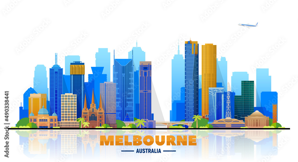 Obraz premium Melbourne Australia skyline vector illustration. White background with a city panorama. Travel picture. Image for Presentation Banner Placard and Web Site.
