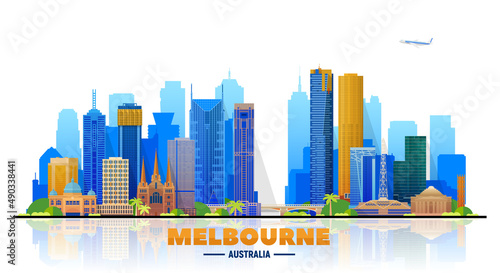 Melbourne Australia skyline vector illustration. White background with a city panorama. Travel picture. Image for Presentation Banner Placard and Web Site.