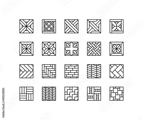 Floor finishing material flat line icons set. Floor from timber such as parquet, laminate, plank and hardwood. Simple flat vector illustration for web site or mobile app