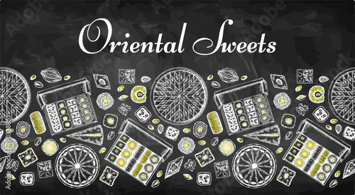Sketch drawing poster of Oriental Sweets isolated on blackboard. Line art drawn Turkish delight, coffee, black tea, baklava, tulumba, arabian pistachio dessert, asian sweet food. Vector illustration.