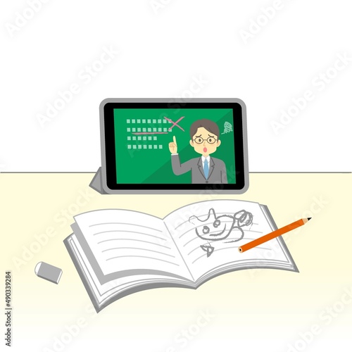 イラスト素材:タブレットでオンライン授業を受けるが飽きて勉強についていけなくなるイメージ/ネガティブ
