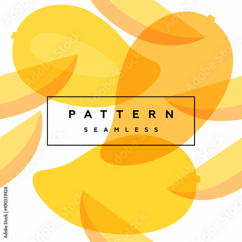 Mango seamless pattern. Fruit background. Transparent fruits and frame with text is on separate layer. Label and packaging simple design.