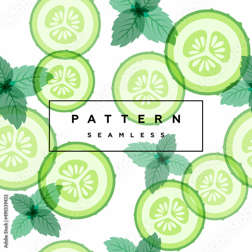 Cucumber and mint leaves seamless pattern. vegetables and herb background. Transparent leaves, vegetables and frame with text is on separate layer.