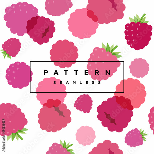 Raspberry seamless pattern. Fruits and berries background. Transparent berries, fruits and frame with text is on separate layer. Label and packaging simple design.