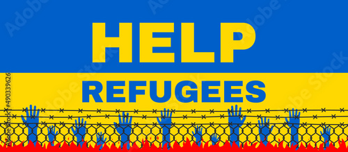 help ukrainian refugees human raising hands behind fence barbed wire fire war in ukraine  vector illustration
