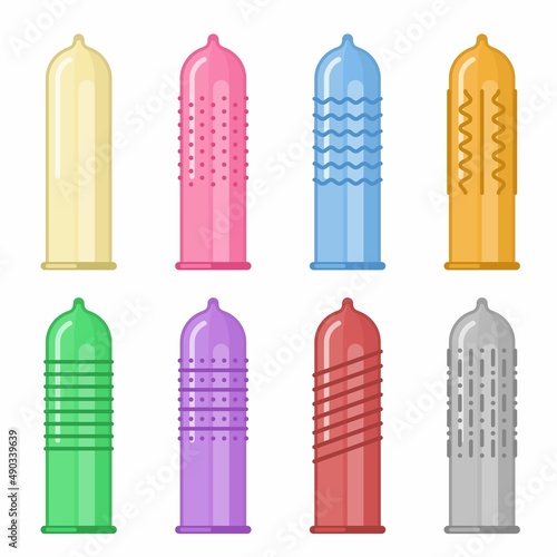 Different forms and types of condoms with tendrils set isolated on white background. Sealed and open latex condoms collection, Contraception method for safe sex. Sexual protection vector illustration