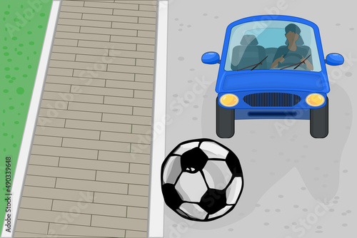Ball on road with car. Ball in front of moving car. Unexpected accident. Dont play on the city street or way warning design. Road or traffic safety rule. Danger situation on road. Vector illustration