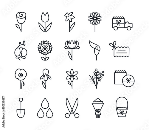 Icon set of flowers. Gardening and flowers delivery
