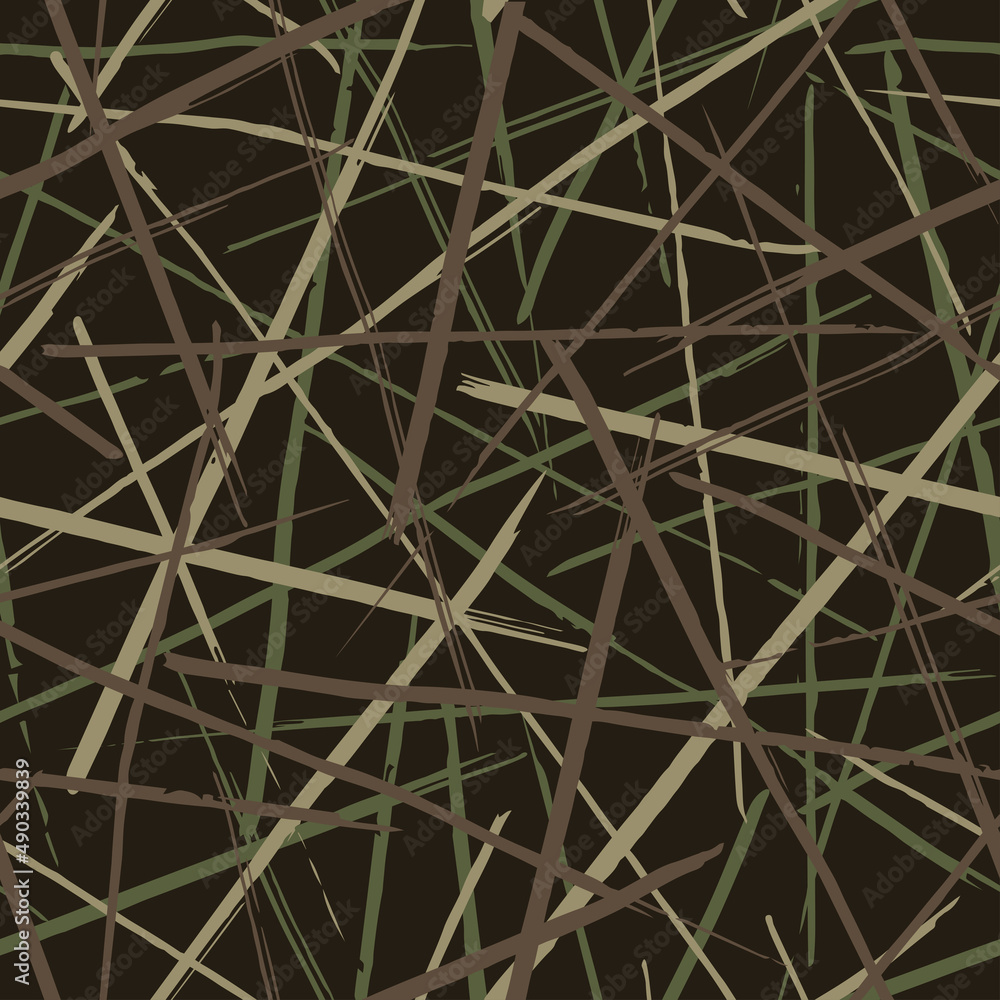 Seamless vector camouflage pattern with green and brown lines on black background. Hand drawn style.