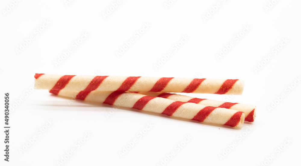 colorful wafer stick on white background, red and white color wafer, selective focus colorful wafer stick on white background, red and white color wafer, selective focus