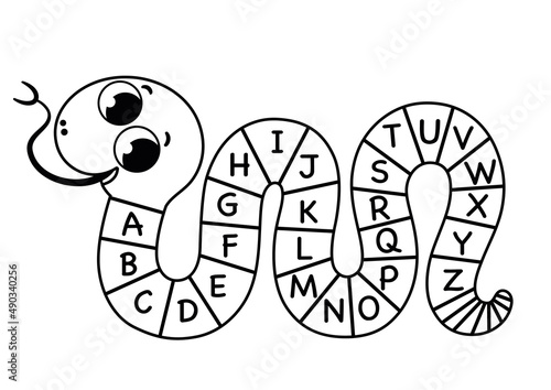 Educational English Alphabet  Vector illustration Fitted on a Snake Cartoon Character. Black and White.
