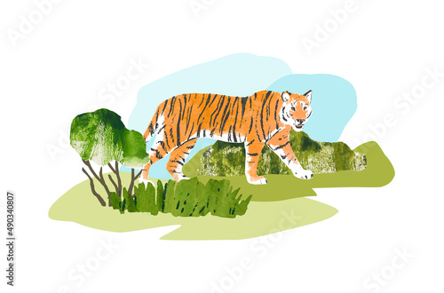 Fototapeta Naklejka Na Ścianę i Meble -  Summer landscape with tiger and bushes. Bright hand draw vector Illustration with plants and animal for print, banner, sticker. Collage with watercolor texture