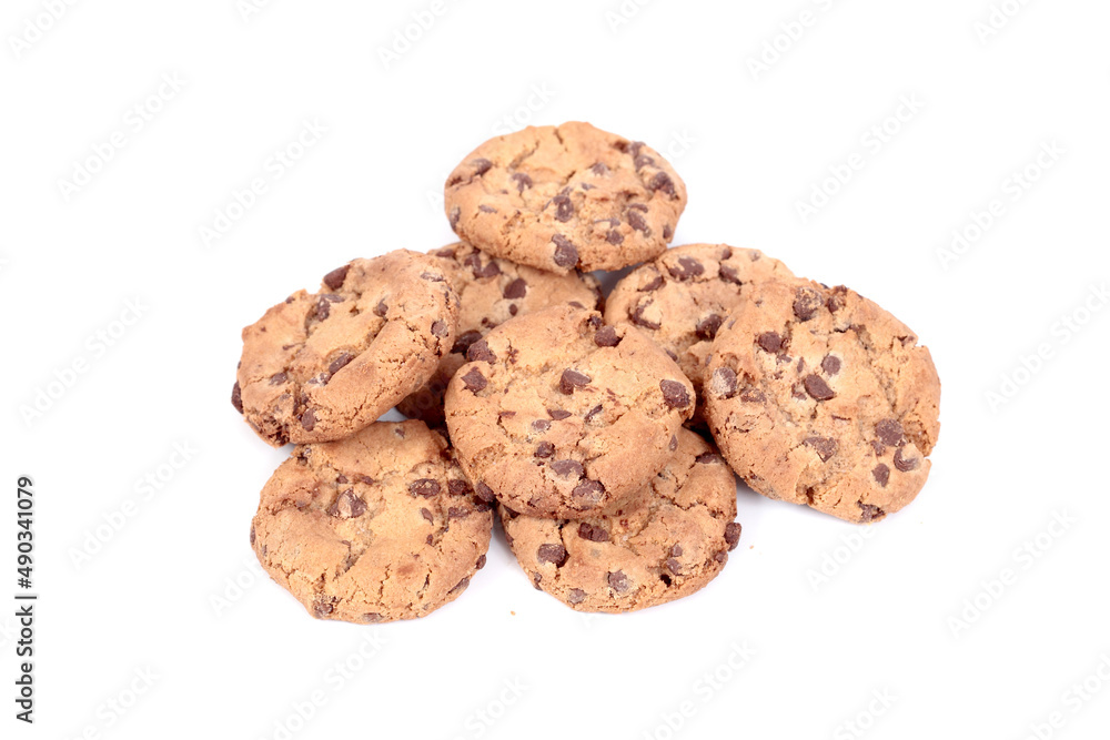 Homemade cookies with small pieces of chocolate in composition on white background Homemade cookies with small pieces of chocolate in composition on white background