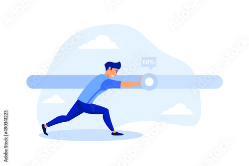 Working project progress, effort to finish work or achieve business success, accomplishment, ambition or career challenge, businessman try hard to push working progress bar to finish in deadline.