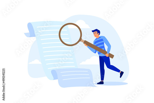 Document checking, agreement or contract validation, financial or budget analysis, search for document files concept, businessman manager holding big magnifying glass checking document paper.