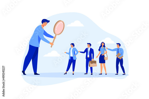 Searching the best candidate or job, Human resources, head hunt, choosing talent for job vacancy or company recruitment concept, employer boss or HR use magnifying glass to choose job interview people