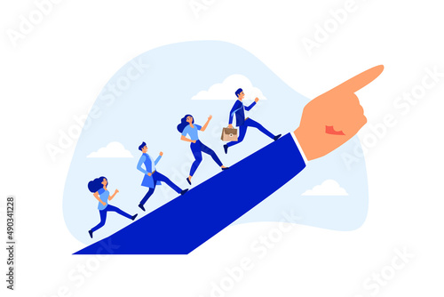 Leadership to lead team members, business direction to achieve goal or target, teamwork to success in work, businessman leader holding winner flag running lead business people on pointing finger.