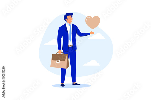 Work passion to motivate and inspire employee to achieve career success, love your job or happy and enjoy working dream job concept, happy businessman holding passionate heart shape walking to work.
