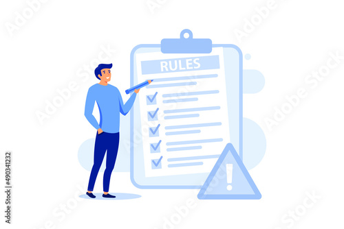 Rules and regulations, policy and guideline for employee to follow, legal term, corporate compliance or laws, standard procedure concept, businessman finish writing rules and regulations document.