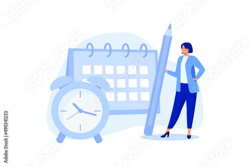 Work schedule or syllabus calendar, planning for appointment and event, project management timeline, or business deadline reminder concept, woman holding pencil with schedule calendar and alarm clock.