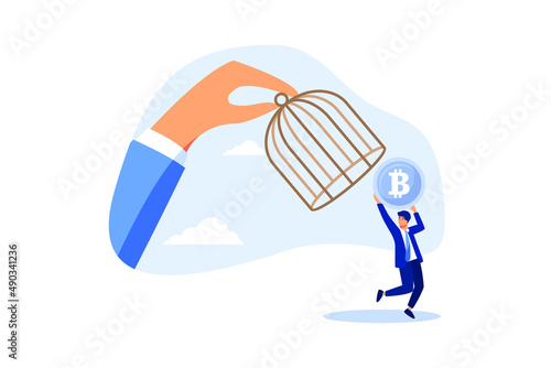 Bitcoin and cryptocurrency regulation, government try to control crypto or decentralized money, authority and legal for trading crypto concept, investor carrying bitcoin run away from government cage.
