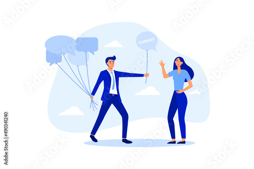Meeting summary or conclusion, session or brainstorm recap and agreement concept, businessman holding group of speech bubble balloons as member opinions, offering summary after finish meeting.