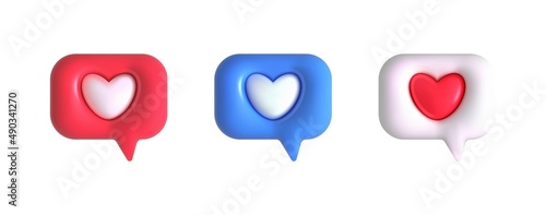 3d like heart icon speech bubble. Social media icons different shapes .Message love box,follow, button, like favorite element . Vector realistic illustration