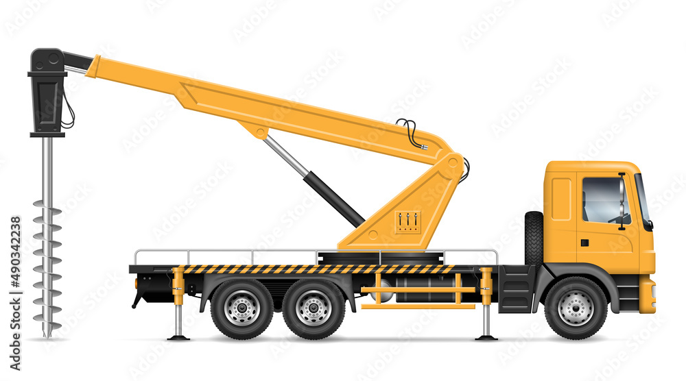 Digger derrick truck vector illustration view from side isolated on white background. Construction vehicle mockup. All elements in the groups for easy editing and recolor