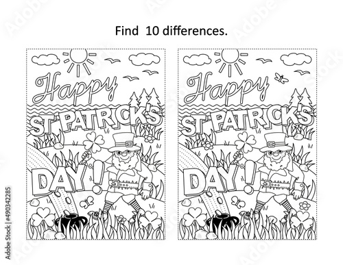"Happy St Patrick's Day!" holiday greeting find the differences picture puzzle and coloring page 