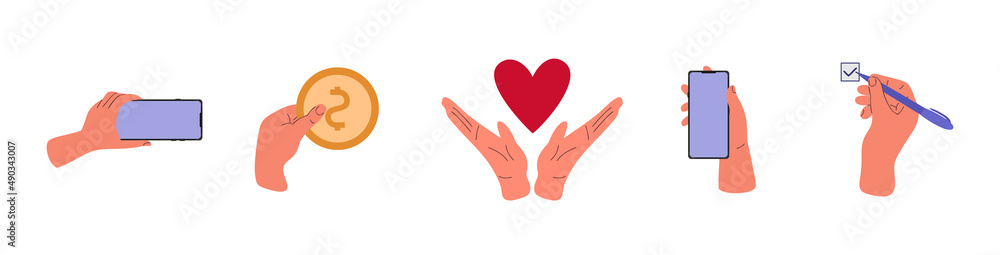 hand icon set, hand with phone, isolated icons hand holding money, heart on palm hand icon set, hand with phone, isolated icons hand holding money, heart on palm