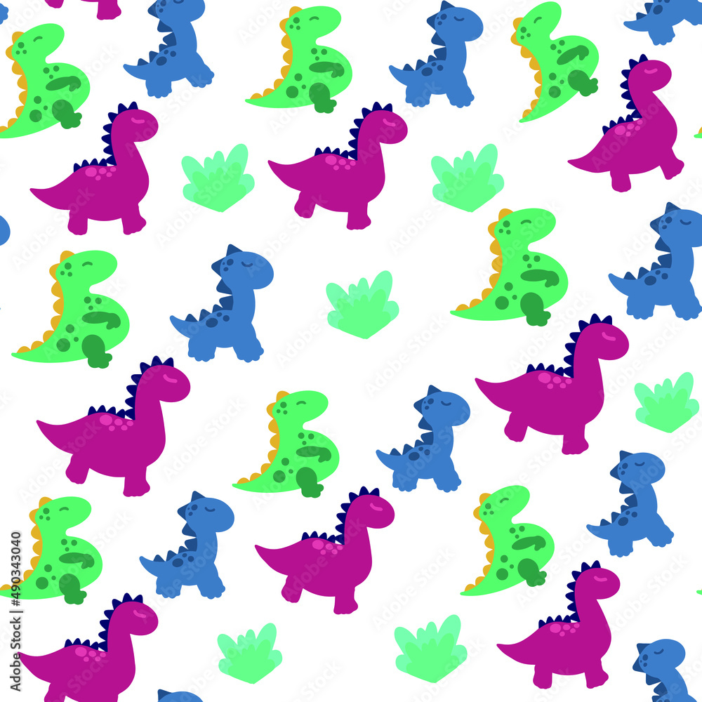 Fototapeta premium Сute dinosaurs cartoon seamless pattern background wallpaper. A design element. Vector illustration drawn by hand. Decorative decoration for greeting cards. Isolated pattern. 
