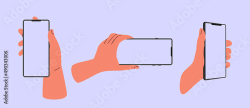 Hands holding the phone in different poses, horizontal and vertical position, illustration of female hands showing a smartphone with a blank screen. Isolated flat vector.