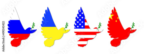 Peace dove in the colors of the flags of Russia, Ukraine, America and China.