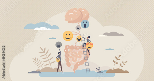 Mind gut connection and digestive interaction to mood tiny person concept. Gastrointestinal wellness interaction with brain vector illustration. Healthy gut flora impact on feeling and organ wellness.
